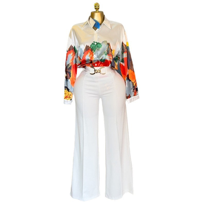 Printed Long-Sleeved Shirt Wide-Leg Pants