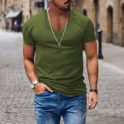 Men's T-shirt European and American summer men's clothing V-neck solid color slim fit casual T-shirt short sleeved top