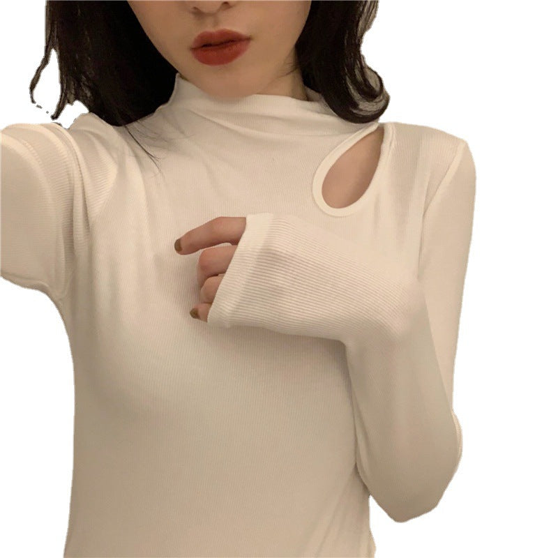 Chic Fitted Inner Top with Neckline Detail, Long Sleeve T-Shirt, Ribbed Mock Neck Base Layer for Women
