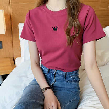 Fashionable Fitted Embroidered Round Neck Short Sleeve T-Shirt for Women Casual Basic TopStudent Style Ladies' Inner Wear