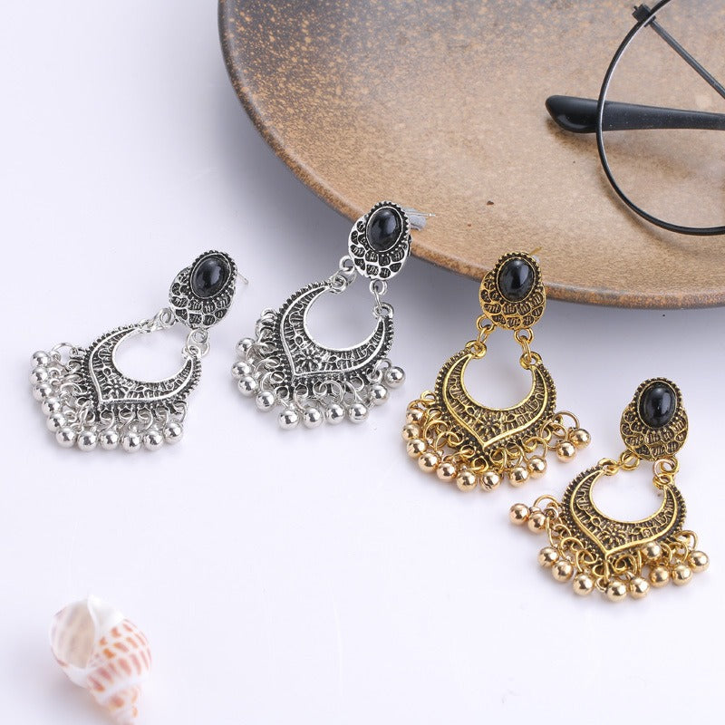 Vintage Black Droplet Earstuds Beads Tassel Rhinestone Earrings