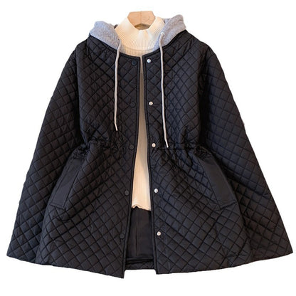 Black Hooded Quilted Cotton Jacket for Women