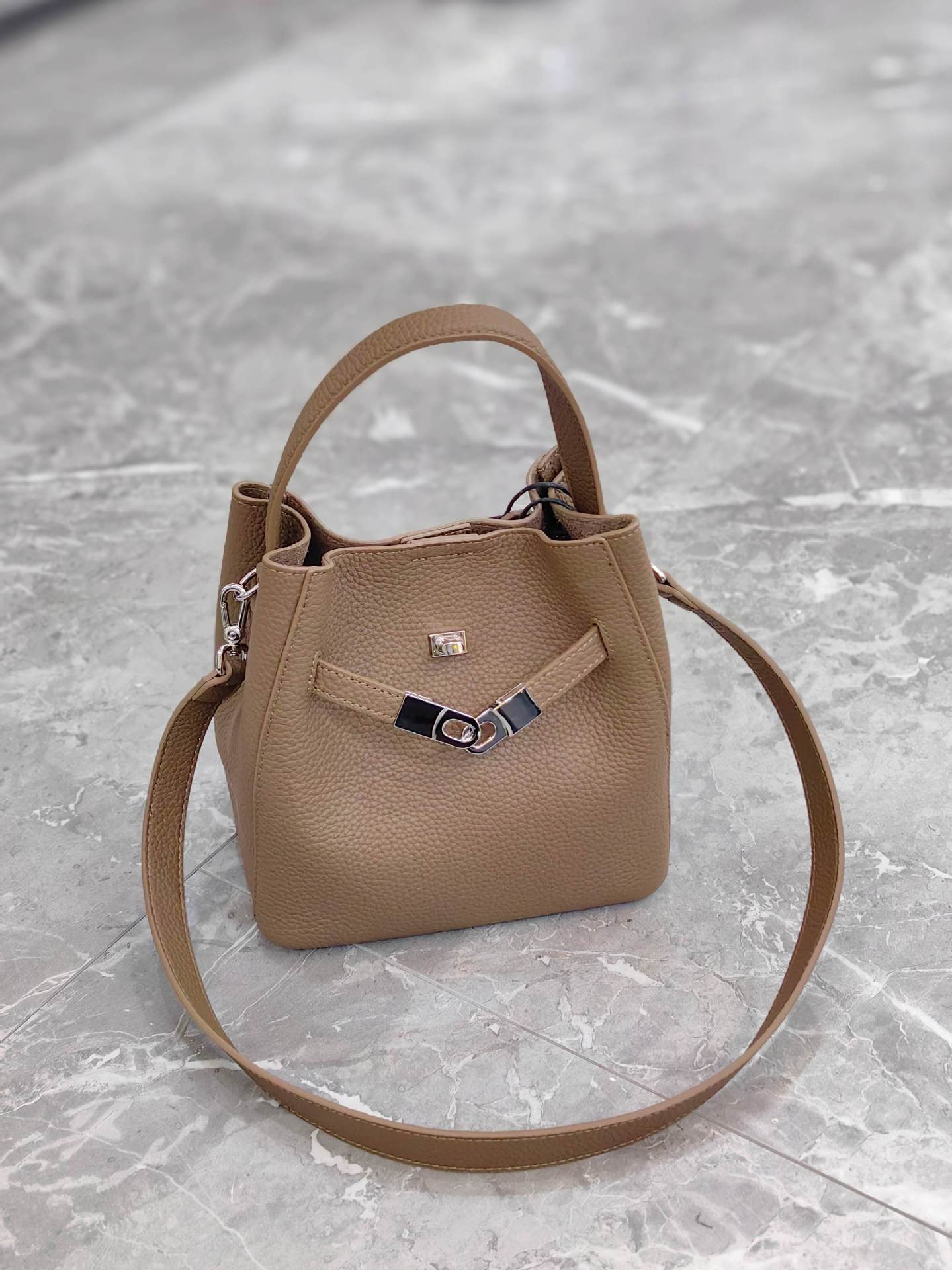 Genuine Leather Bucket Bag with Magnetic Closure