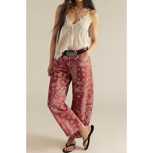 Floral Print Denim Wide Leg Trousers