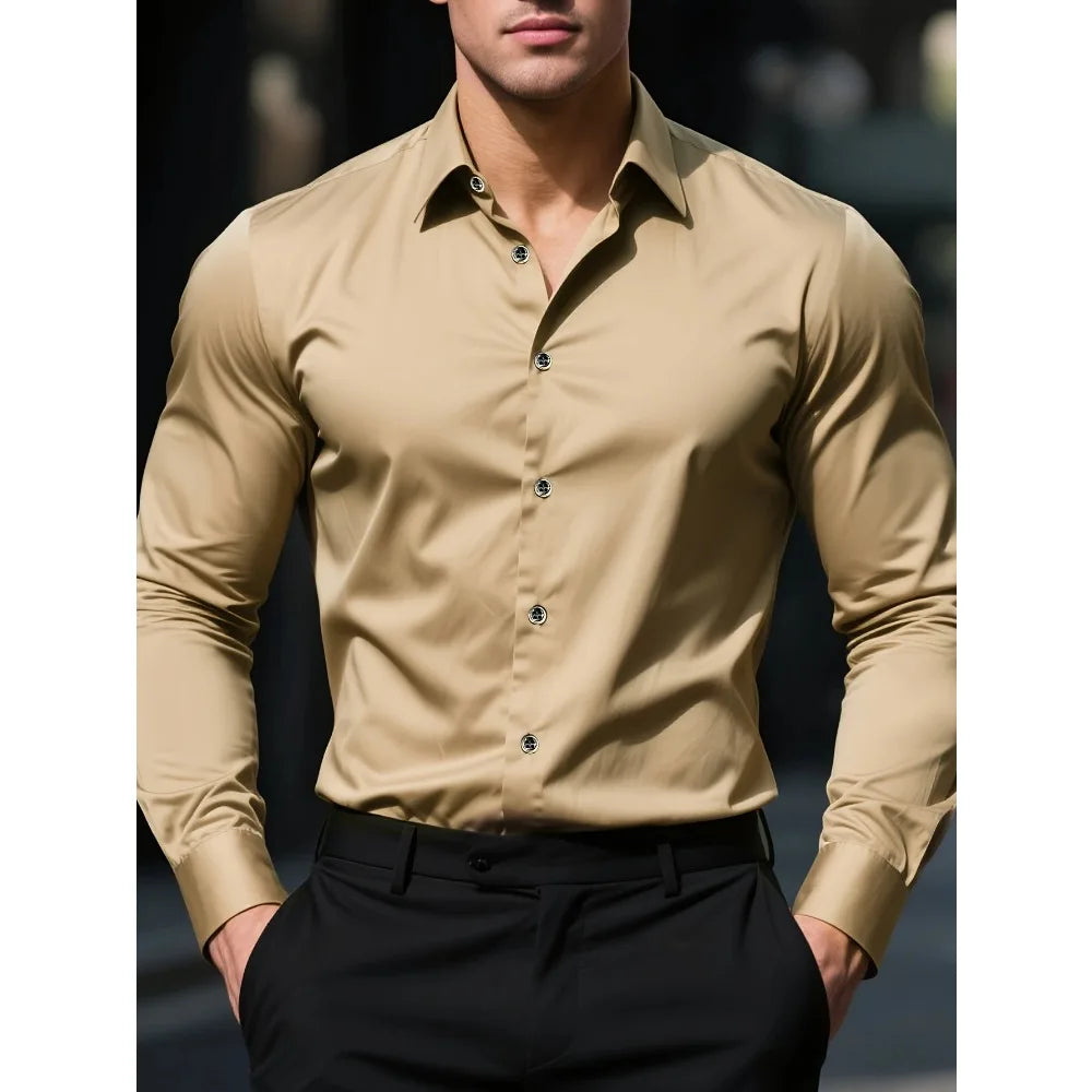 FGKKS New Men Shirt Brand New Solid Color Long Sleeve Elastic Fabric Men's Multiple Colors Male Quality Basic Shirt