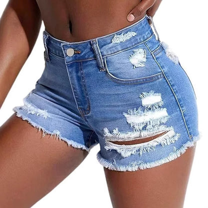 Hole-Trimmed High-Waisted Skinny Denim Shorts for Women - Fashionable Denim Pants