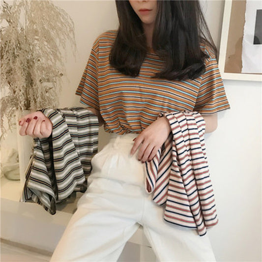 Casual Stripe Short Sleeve T-Shirt for Women