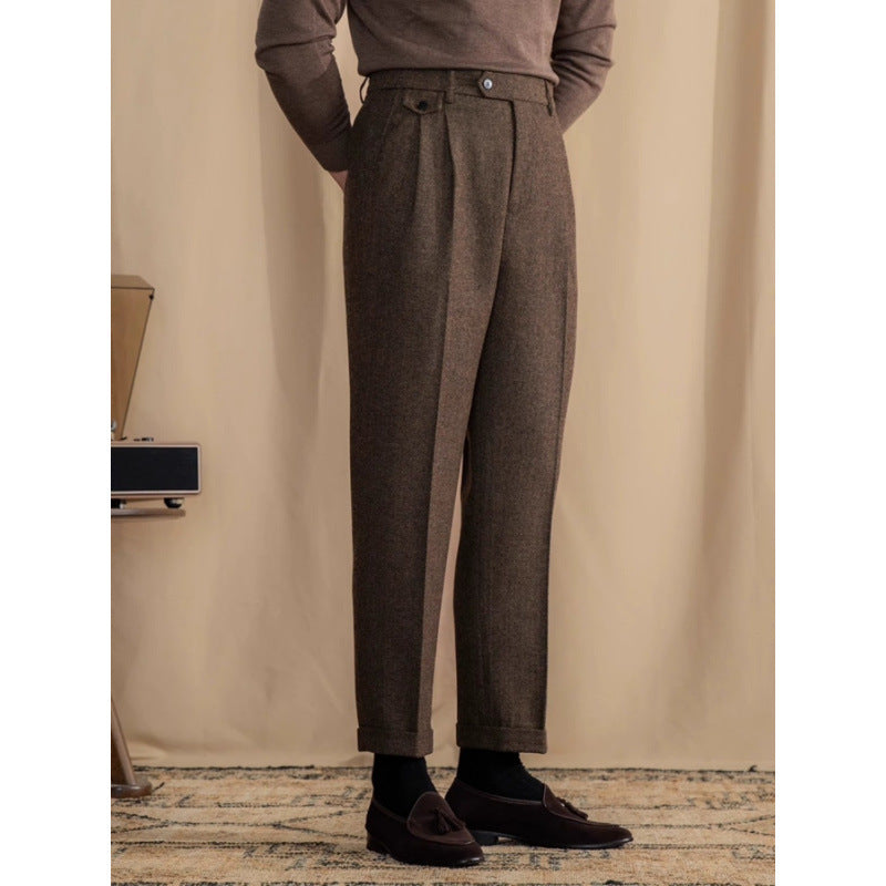 Men's Wool Blend Herringbone Straight Leg Trousers