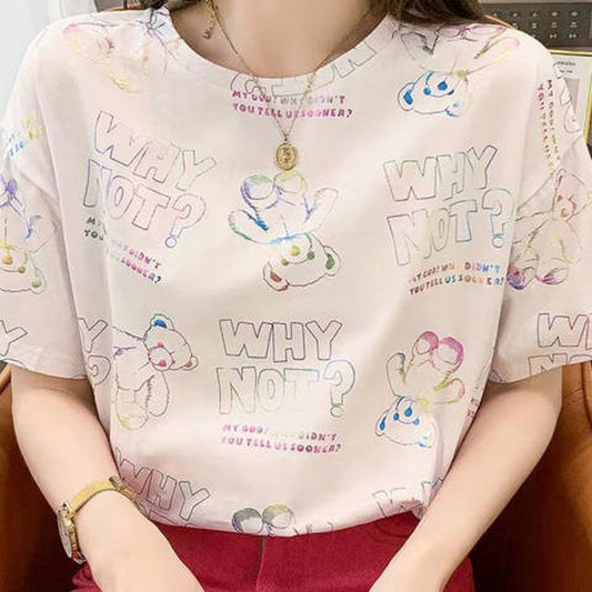 Casual Loose Fit Cotton Blend Short Sleeve T-Shirt for Women Summer Top with Regular Shoulder Design