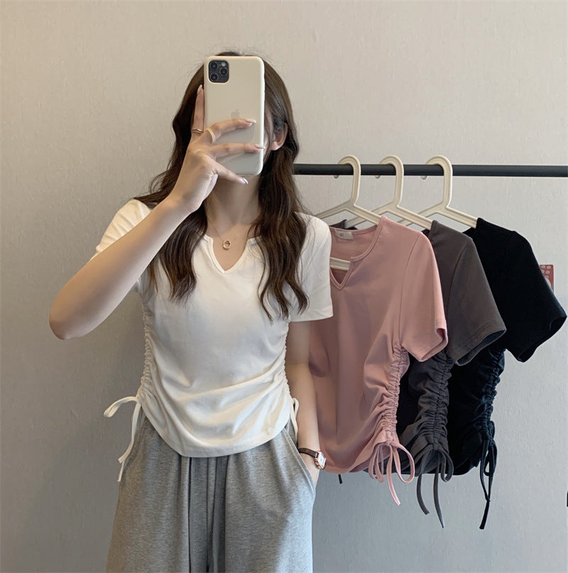 V-Neck Drawstring Fitted Sexy Style Short Sleeve T-Shirt for WomenFashionable Casual Top