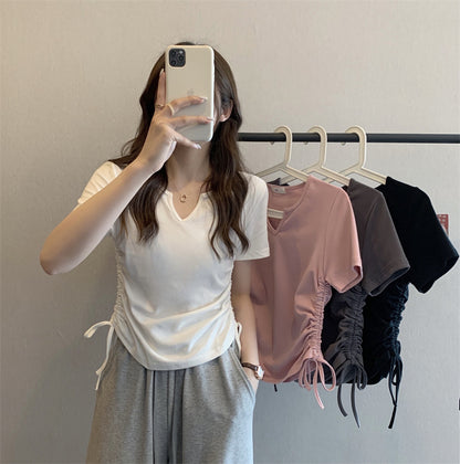 V-Neck Drawstring Fitted Sexy Style Short Sleeve T-Shirt for WomenFashionable Casual Top