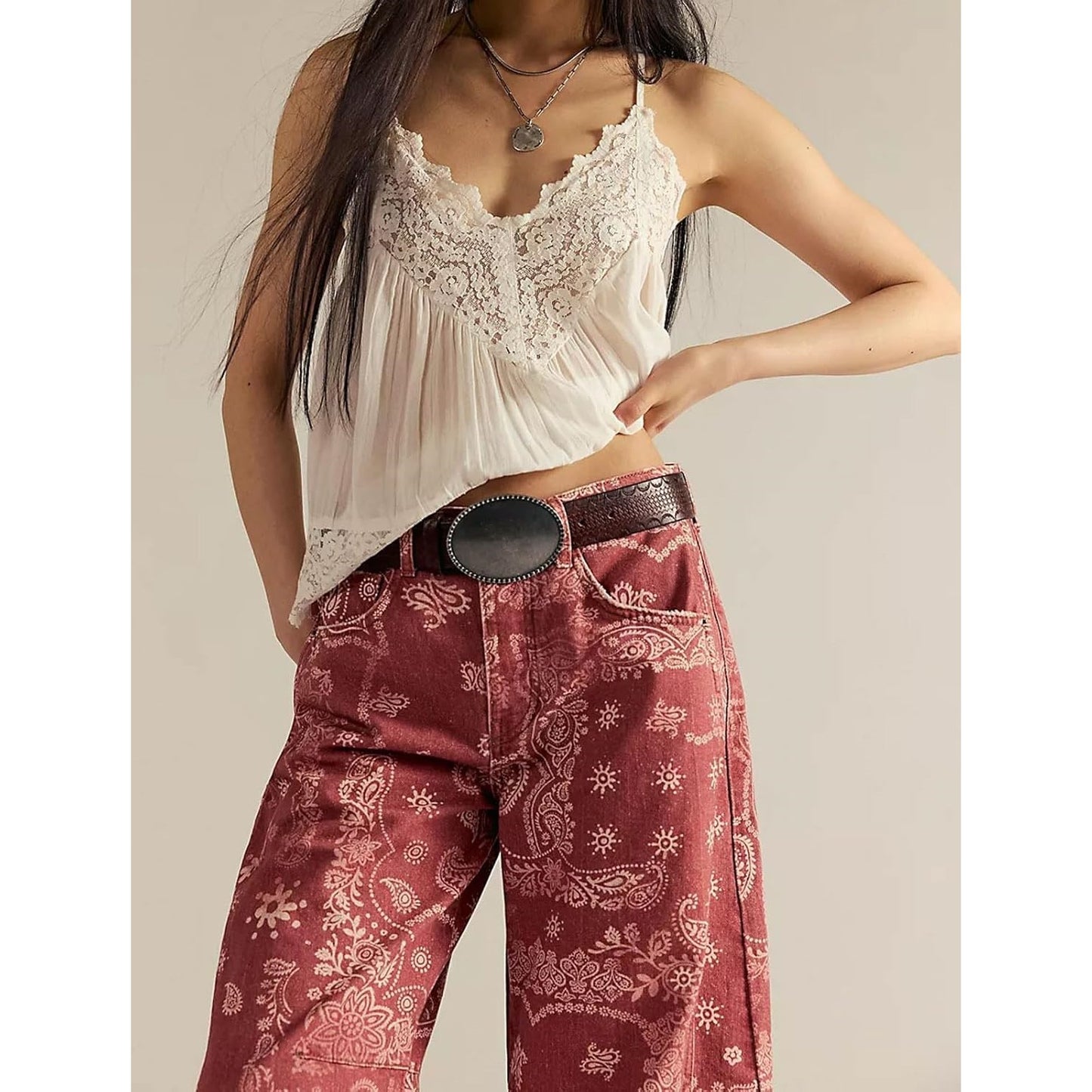 Floral Print Denim Wide Leg Trousers