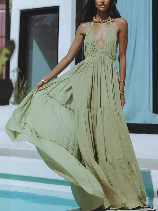 Solid Color Tie-Waist Slit Dress
