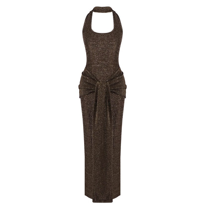 Womens Coffee Brown Spliced Long Dress