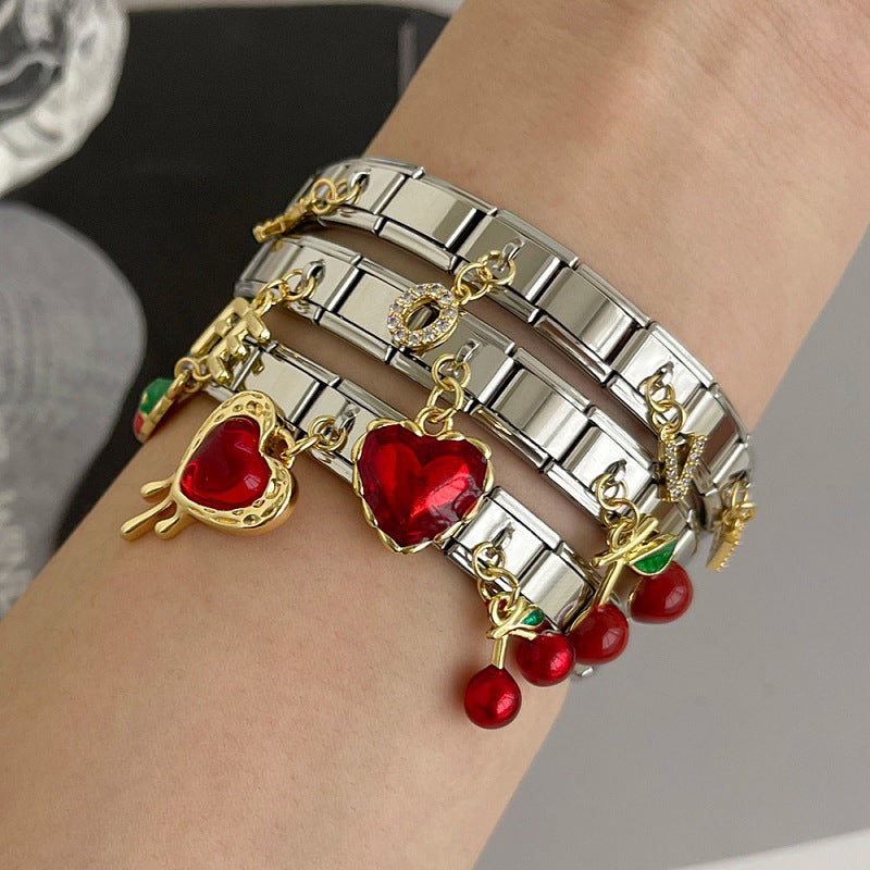 Titanium Steel Oil Dripping Bracelet with Heart Fruit Pendant