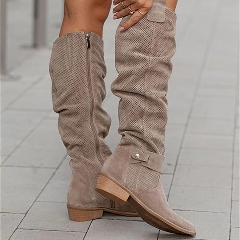 Side Zipper Burnt Flower High Boots for Women