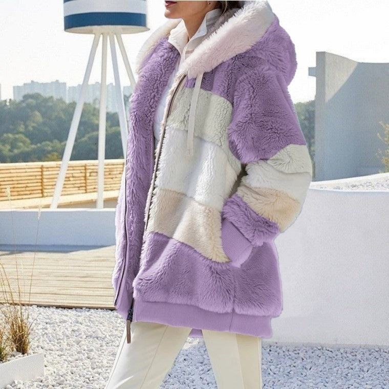 Zipper Pocket Hooded Loose Coat Women
