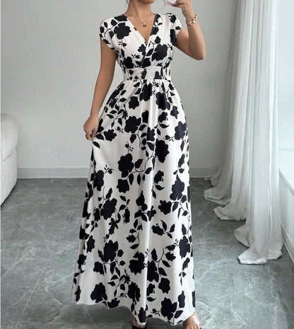 Floral Print V-Neck Lace-Up A-Line Dress