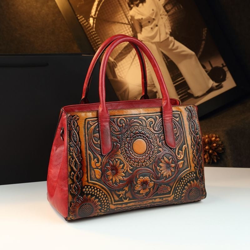 Atmospheric 2025 Retro Women's Bag Embossed Flower Tote Bag Genuine Leather New Ethnic Style Single Shoulder Crossbody Bag Large Capacity