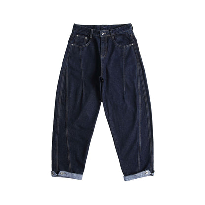 Loose Wide-Leg Denim Pants with Rolled Hem
