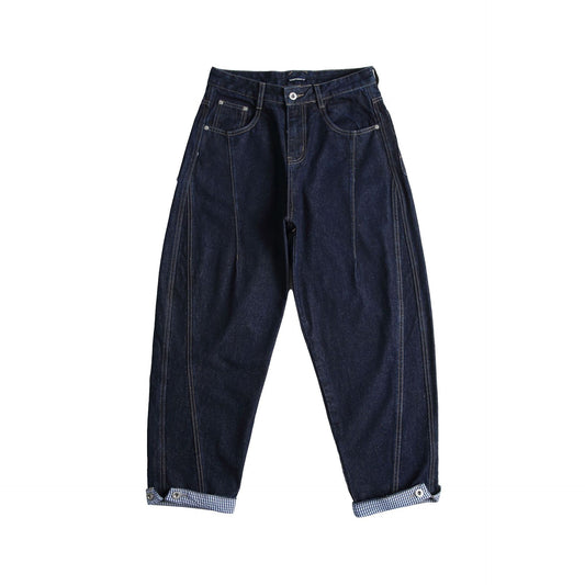 Loose Wide-Leg Denim Pants with Rolled Hem