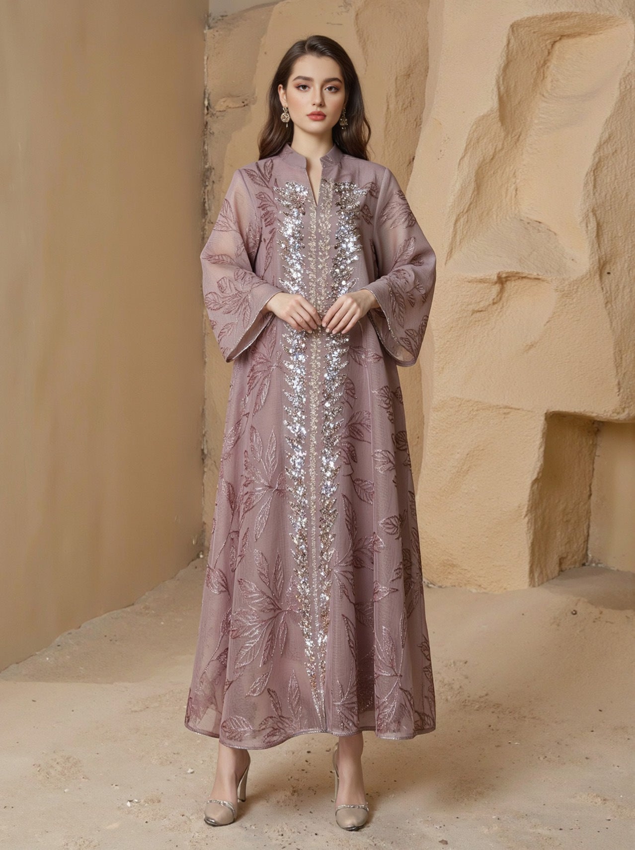 Mesh Embroidered Sequined Long Dress