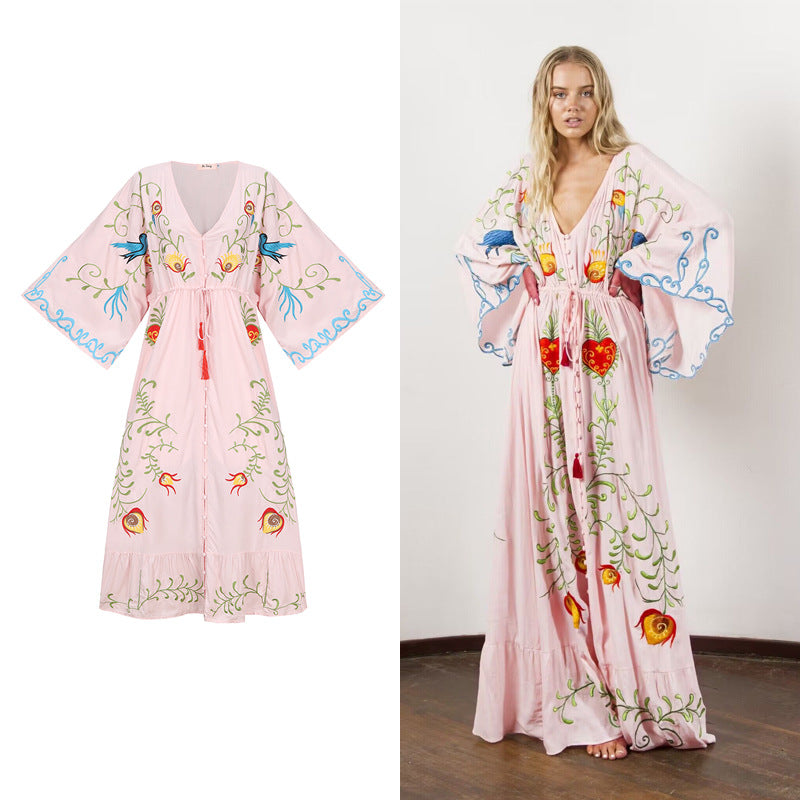 Retro long dress with openwork tassel decoration