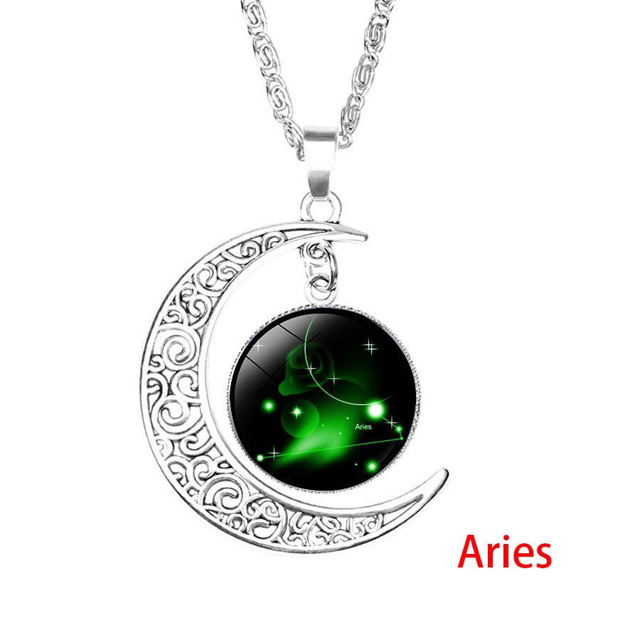 12 Zodiac Sign Pendant Necklace Glass Cabochon Double Galaxy Constellation Horoscope Astrology Necklace For Women Men Jewelry