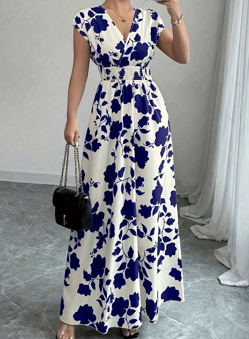 Floral Print V-Neck Lace-Up A-Line Dress