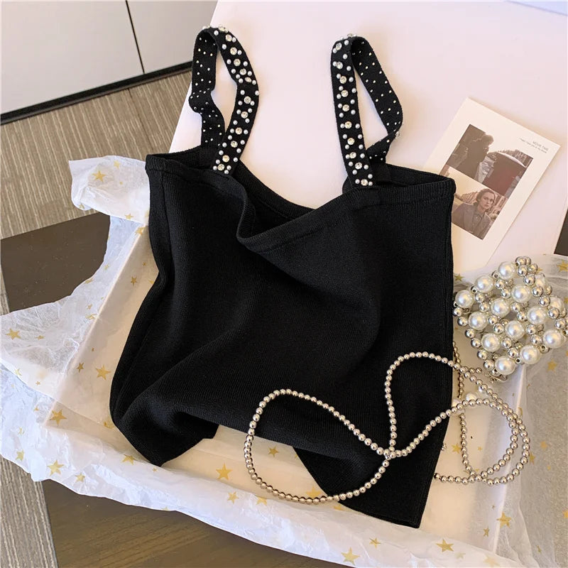 Pearl Beaded Sexy Slim Knit Vests Women's Crop Tops  Summer Sleeveless Stylish Vintage Fashion Chic Ladies Knitwear Jumpers