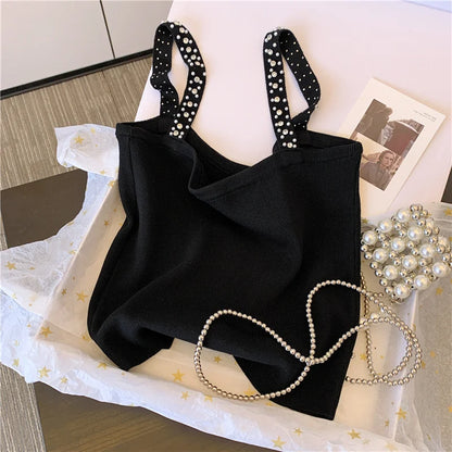 Pearl Beaded Sexy Slim Knit Vests Women's Crop Tops  Summer Sleeveless Stylish Vintage Fashion Chic Ladies Knitwear Jumpers