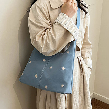 Korean Style Single Shoulder Bucket Bag with Star Embroidery