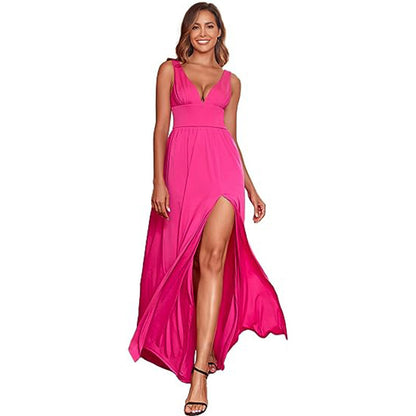Elegant Sleeveless Long Swing Dress with Deep V Neck