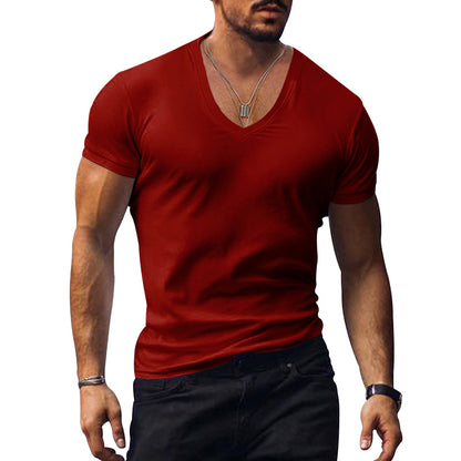 Men's T-shirt European and American summer men's clothing V-neck solid color slim fit casual T-shirt short sleeved top
