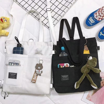 Women's Multiway Canvas Tote Bag with Bear Pendant - Crossbody/Shoulder/Backpack