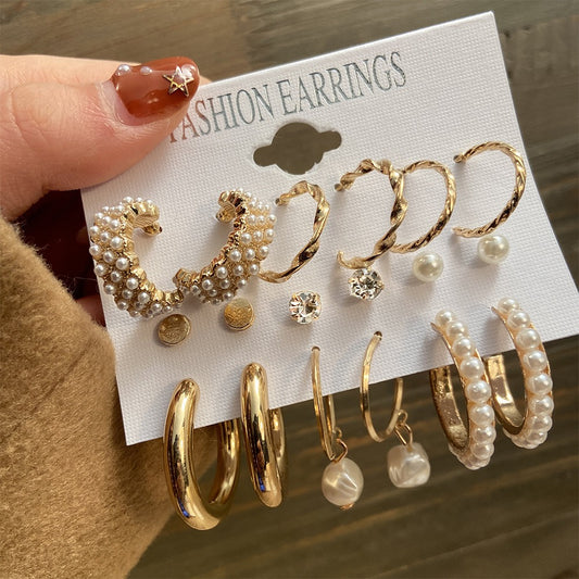 New Inlaid Pearl Ladies Earrings Creative French Vintage Gold Earrings 6 Pieces Set