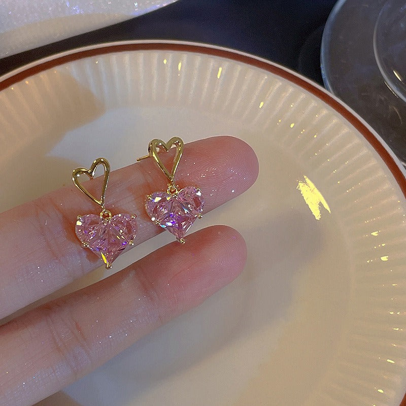 S925 Silver Needle Cat's Eye Small Earrings Female Geometric Square Love Diamond Earrings Simple Atmosphere Earrings