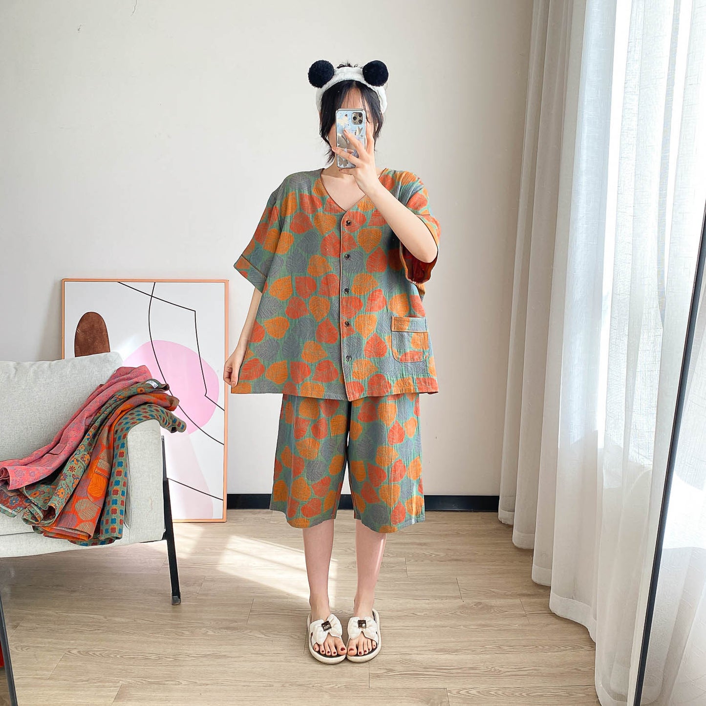 Cotton V-Neck Cropped Pajama Set