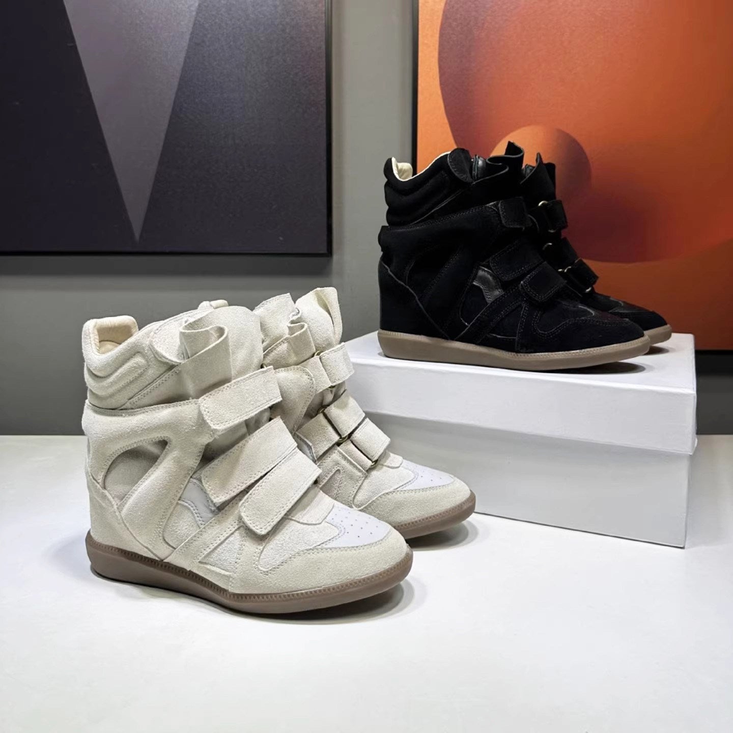 Women's Hidden Wedge Sneakers Cowhide Casual Shoes