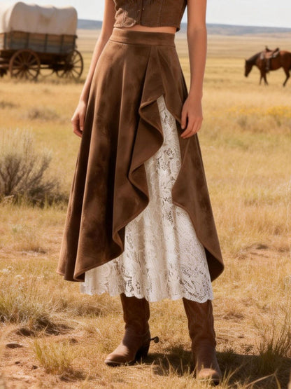 Retro Western Suede Lace Splicing Skirt
