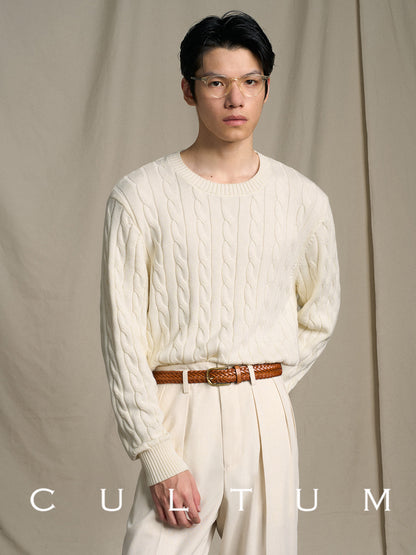 Vintage Cable Knit Cotton Sweater Mens Casual Pullover