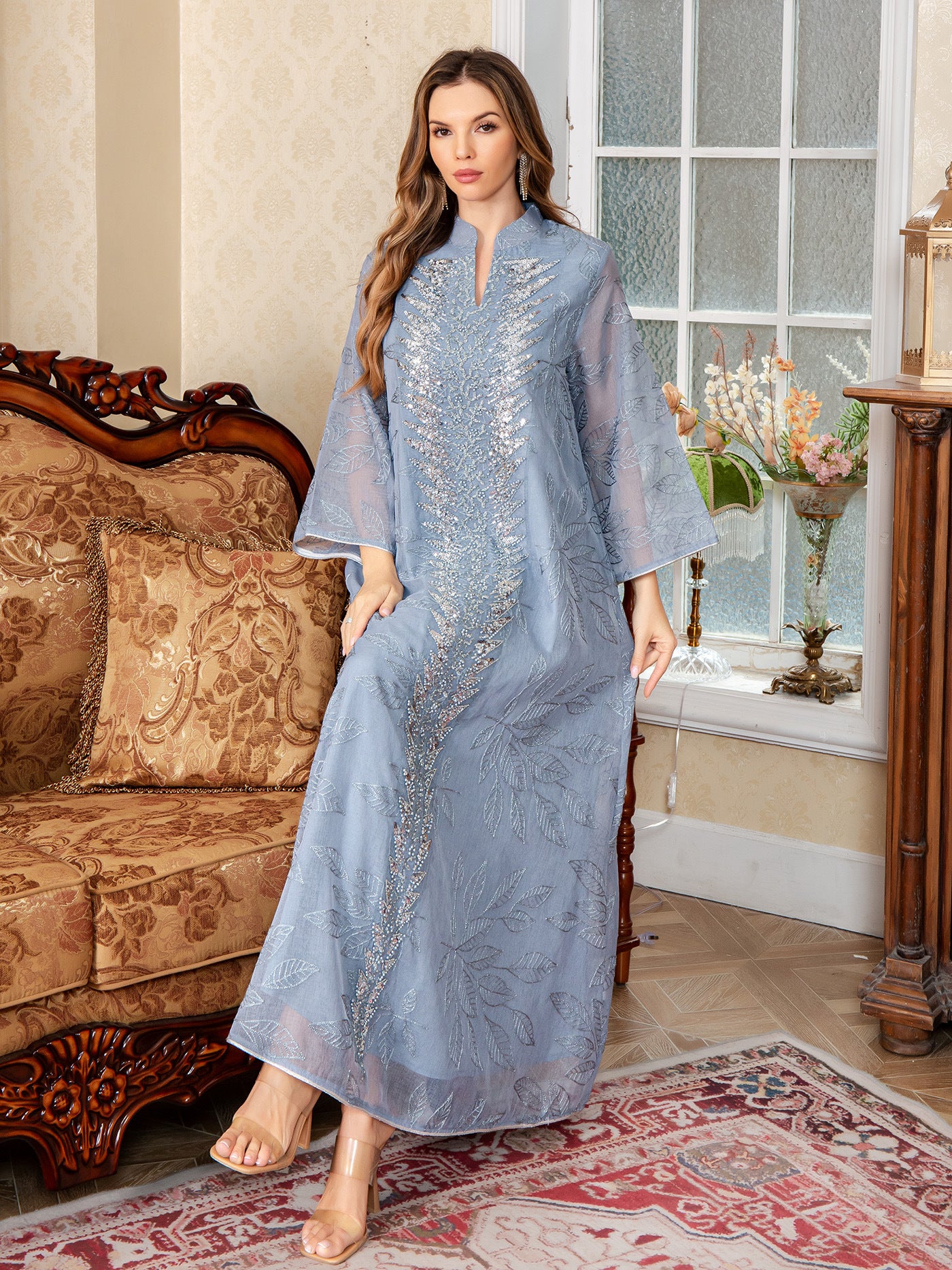 Mesh Embroidered Sequined Long Dress