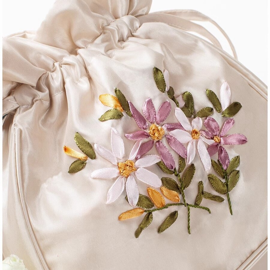 Hand-Embroidered Drawstring Bucket Bag