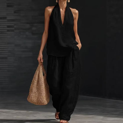 Womens Halter Neck Sleeveless Casual Two-Piece Set