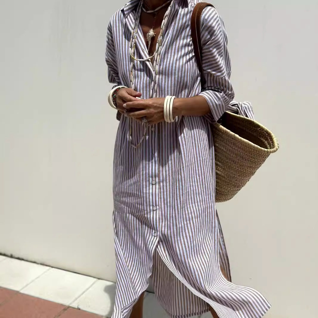 Quarter Sleeve Striped Shirt Dress