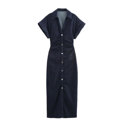 Womens Denim Midi Dress with V-Neck