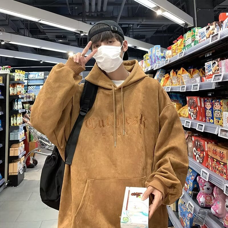 Mens Vintage Suede Letter Embroidered Hooded Sweatshirt