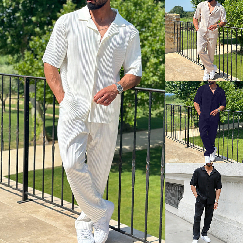 Men's Casual Lapel Short Sleeve Shirt and Trousers Set