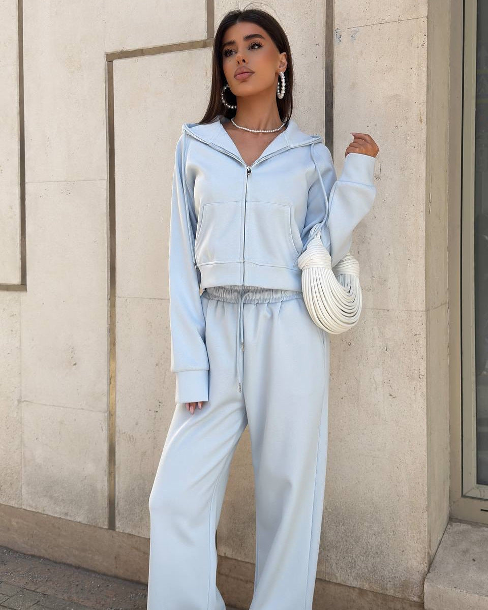 Casual sportswear set with hooded jacket and drawstring pants