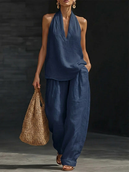 Womens Halter Neck Sleeveless Casual Two-Piece Set